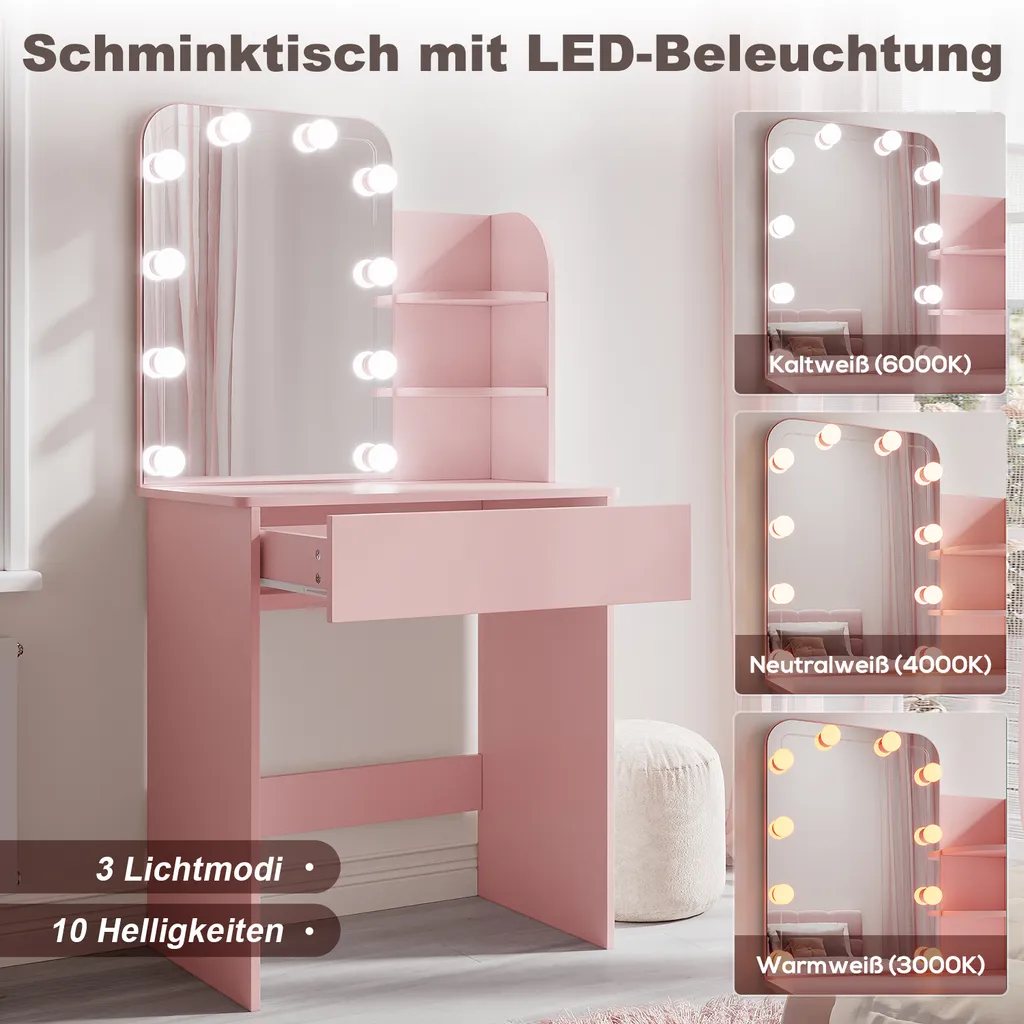 SONNI Rosa, specchio a lampadina tricolore a luminosità regolabile con cassettiera 70x40x140cm cassettiere compatte