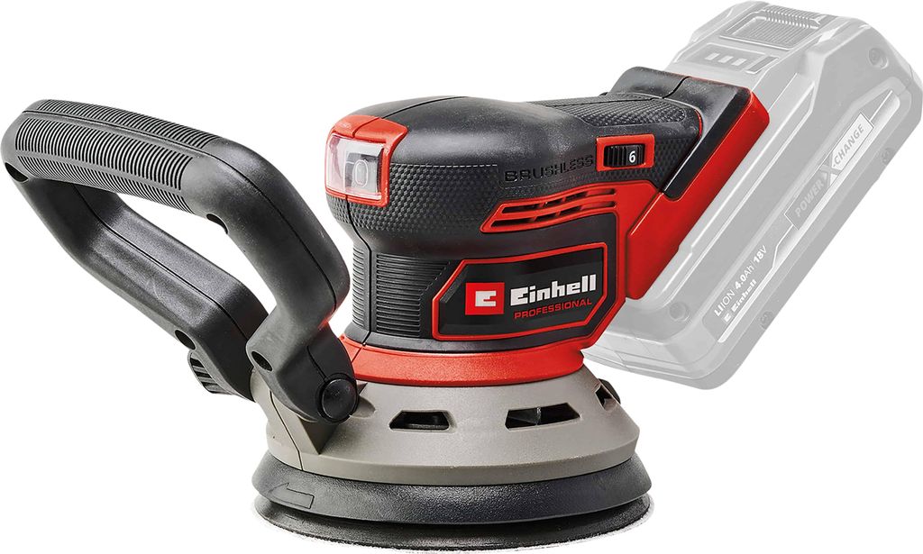 A cordless orbital sander with a battery pack attached.