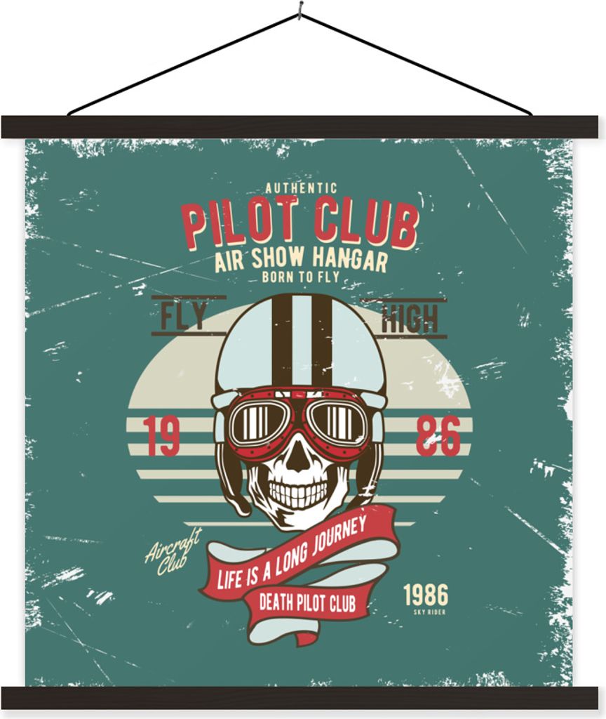 MuchoWow Textilposter Totenkopf - Helm - Pilot - Retro 90x90 cm mit schwarzem Rahmen - Magnetisches