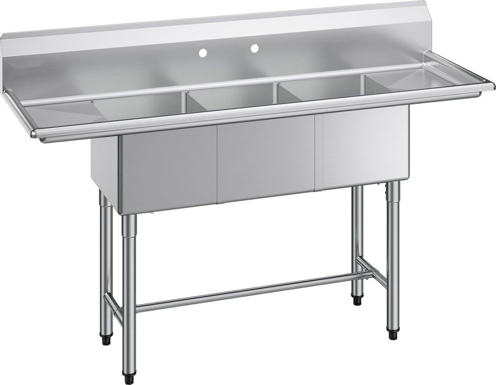 Gastronomie Spülbecken - Edelstahl-Spültisch mit 3 Becken - Mit 2 Abtropfflächen - Mit Spritzschutz - Maße 167,8 x 55,8 x 109,7 cm - Für Resta...