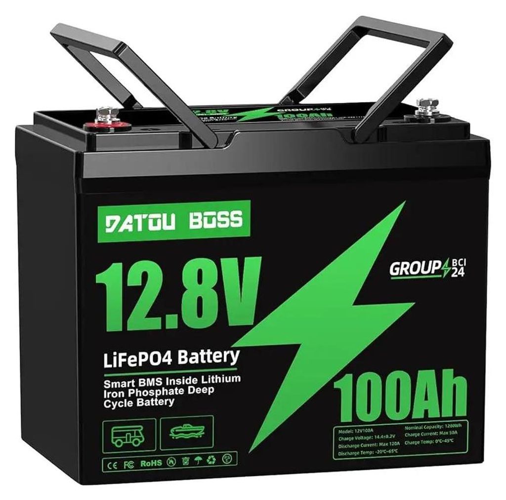 LiFePO4 12 V 100 Ah Batterie - Deep Cycle Versorgungsbatterie DT-100A-12V-B01 - Tragbar - Integriertes BMS - 10000+ Zyklen - Für Wohnmobil Boot Solar