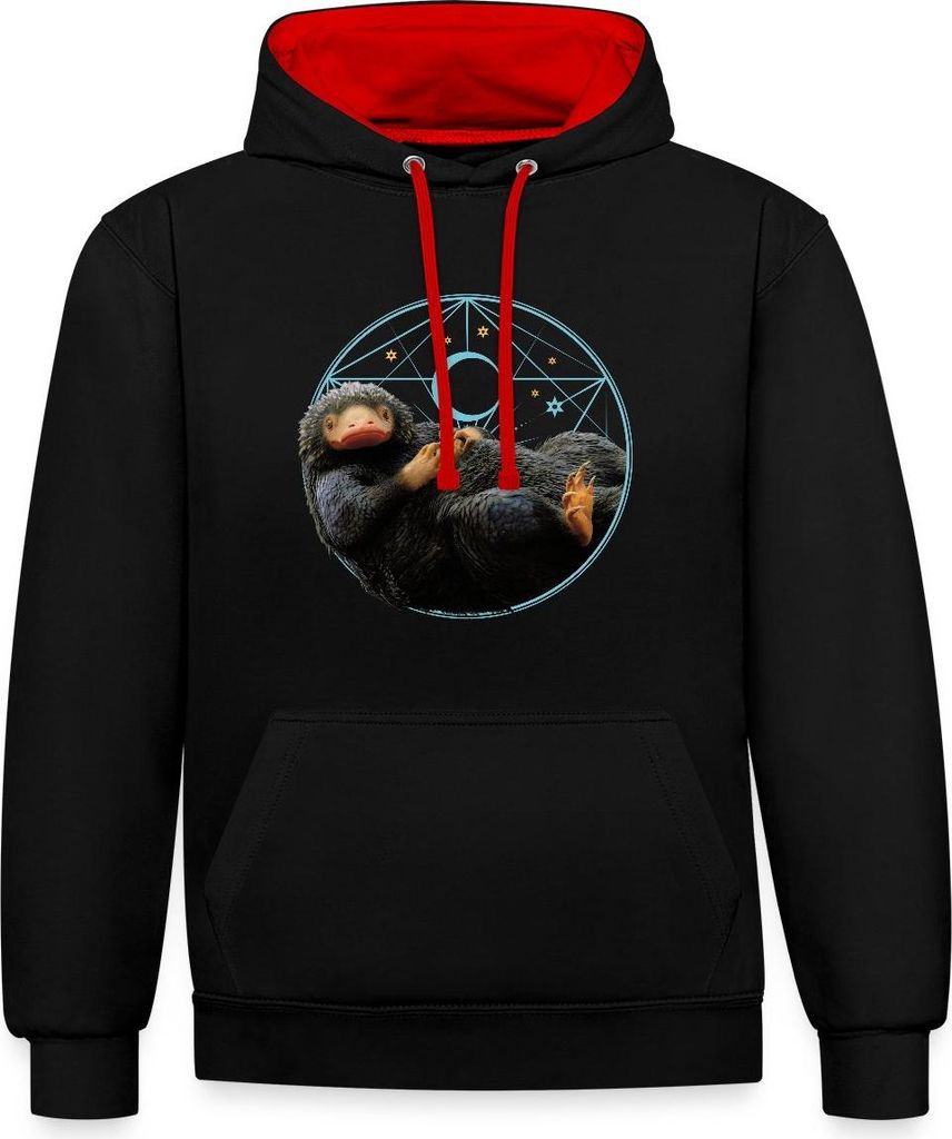 Spreadshirt Phantastische Tierwesen Niffler mit Münze Geschenk Uni Kontrast Hoodie, S, Schwarz/Rot