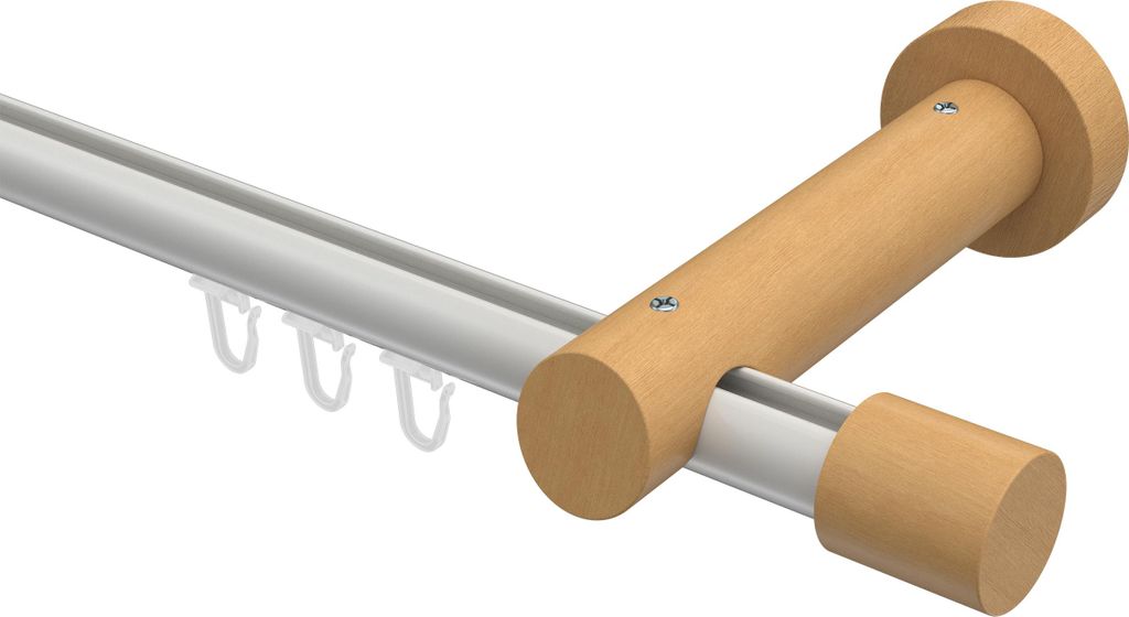 Interdeco Innenlaufstange / Gardinenstange mit Innenlauf Weiß / Buche lackiert, Typ Talent Feta (Kappe), 20 mm Ø 1-läufig, 600 cm
