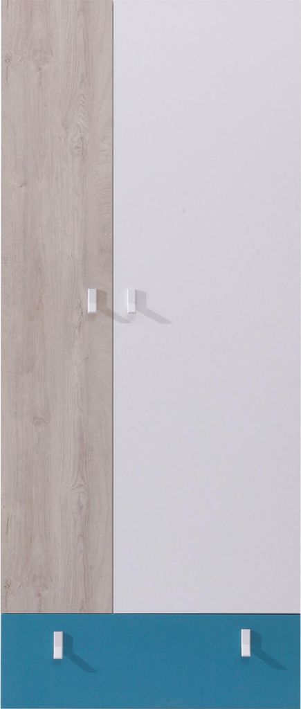 MIRJAN24 Kleiderschrank Planet 03 mit zwei Drehtüren und Schublade, Kleiderstange (Farbe: Weiß / Eiche + Marineblau)