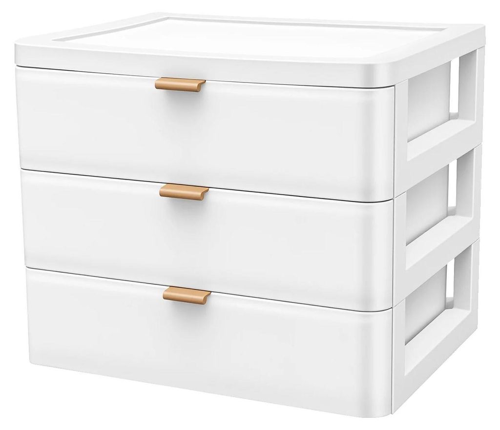 Schreibtisch Organizer 3 Schubladen - Kleine PP Kunststoff Kommode - Aufbewahrungsbox für Bürobedarf und Kosmetik - Mit Ablagefläche oben - Weiß