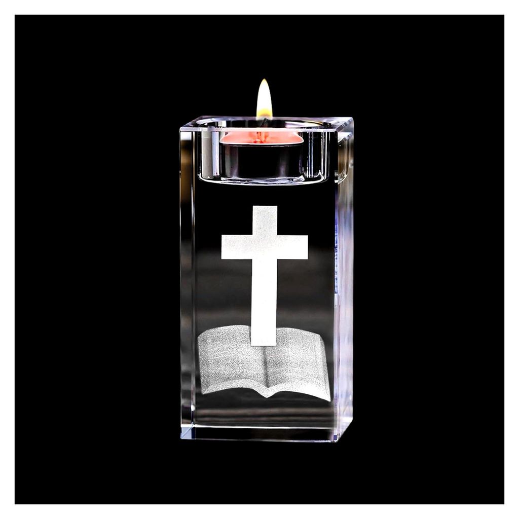 Teelichthalter aus Kristallglas mit 3D Kreuz und Bibel Gravur, transparent, für Hochzeit, Kirche, Gebet, Tischdekoration, Meditation, Geschenk, 5 ...