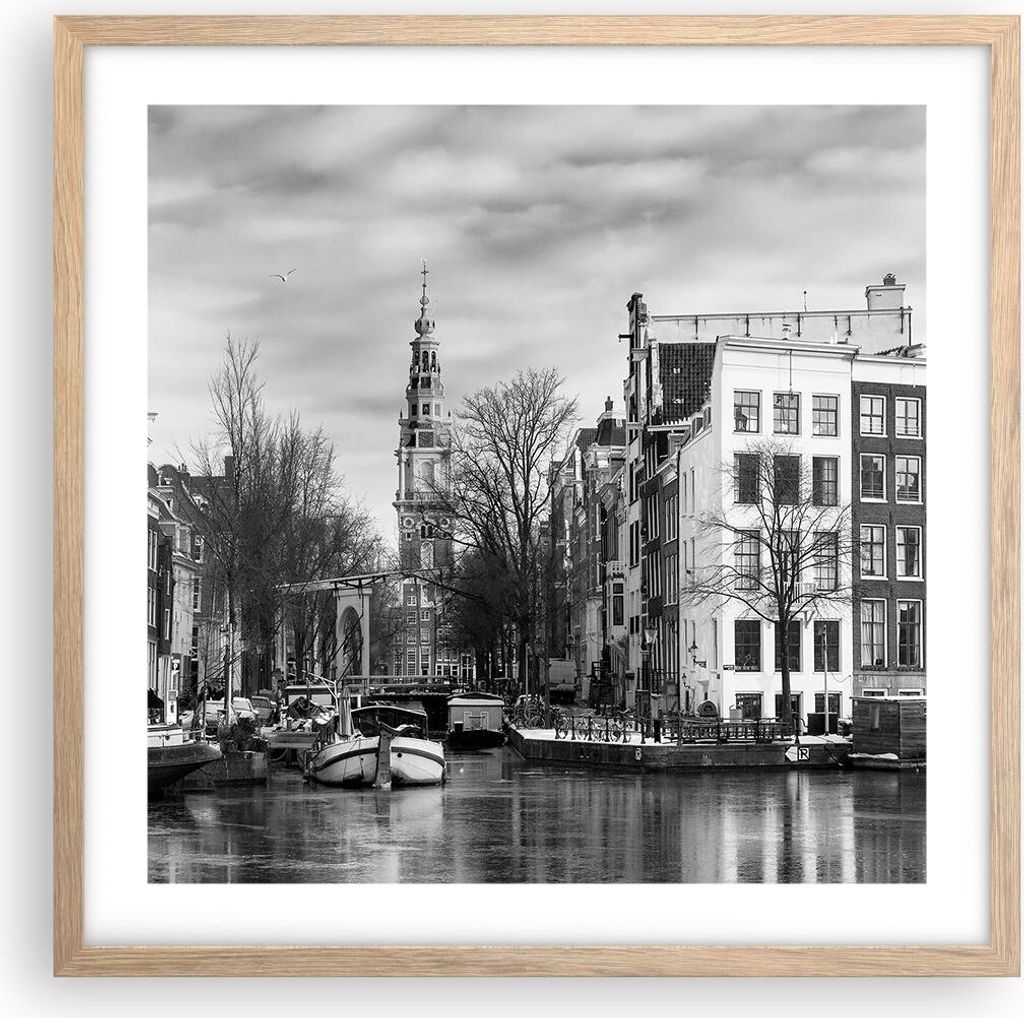 Gerahmtes Poster - Rahmen in heller Eiche - Schwarzweiß Amsterdam Boote - 50x50 cm - Wand Bild - Wanddeko - Wandbilder - Kunstposter - Wandposter ...
