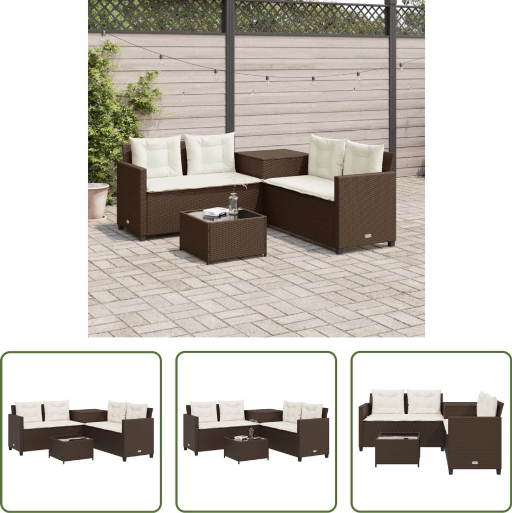 The Living Store Gartensofa in L-Form mit Tisch und Kissen Braun Poly Rattan