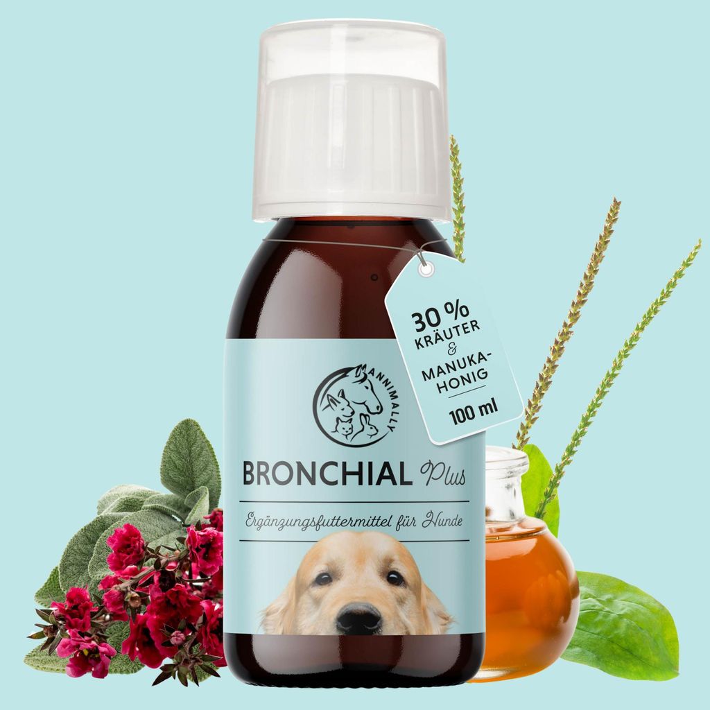 Bronchial Plus 100 ml - Unterstützt die Atemwege von Hunden - Atemwegssaft für Hunde - Enzianwurzel, Fenchel, Salbei, Echinacea, etc.