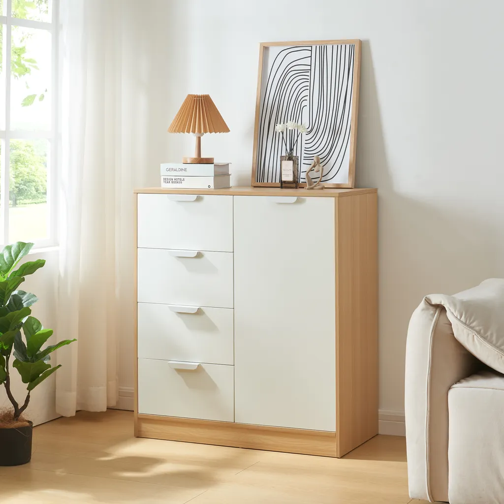 Commode moderne aspect chêne et blanc 4 tiroirs gain de place 80x40 cm