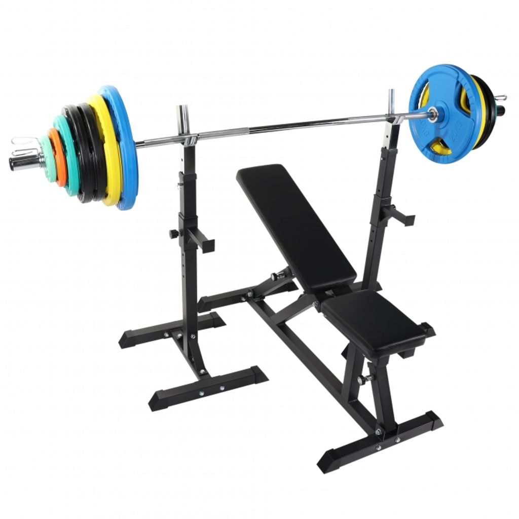 GORILLA SPORTS Hantelbank - mit Gewichten, Ablage, Hantelset 150 kg, Olympia Langhantelstange 50mm, Gummi Hantelscheiben, Verstellbar - Trainings...