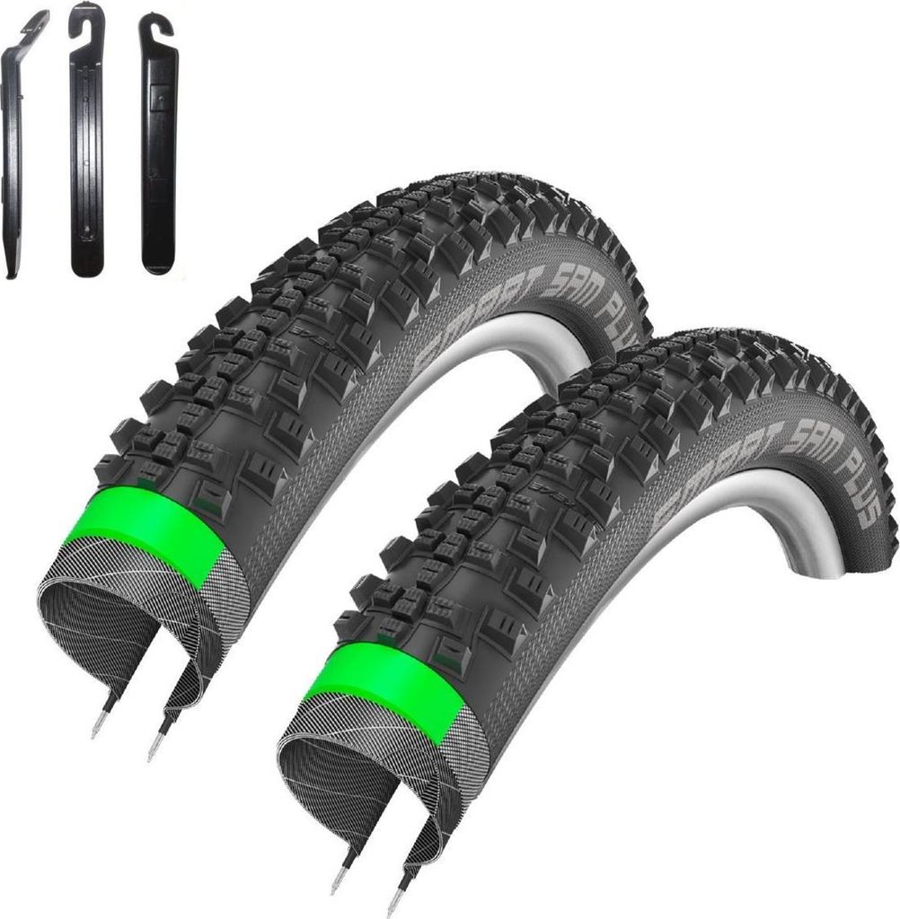2 x Schwalbe Smart Sam PLUS Fahrradreifen Addix Performance DD GreenG E-25 SnakeSkin Fahrrad Decke Mantel 54-559 ( 26 x 2,10") inkl. 3 Reifenheber
