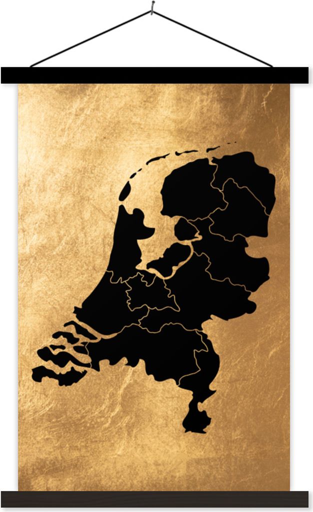 MuchoWow Textilposter Karte Niederlande - Schwarz - Gold 60x90 cm mit schwarzem Rahmen - Poster Wohnzimmer