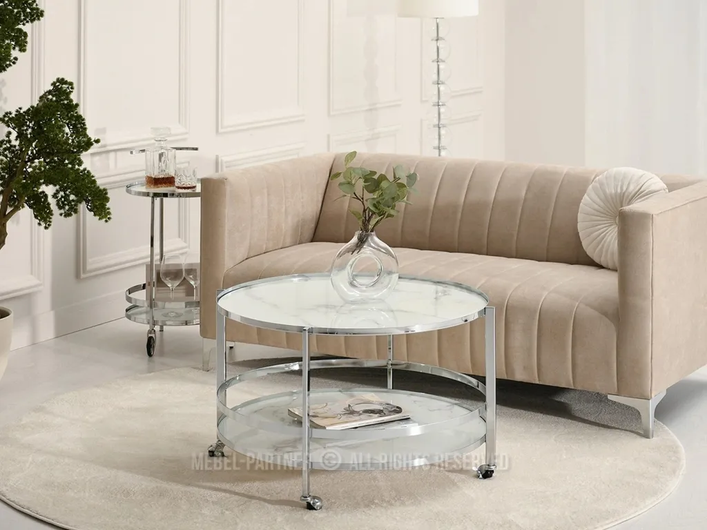 Table basse de salon design VITOLD marbre blanc et acier chromé