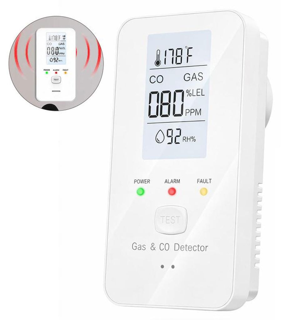 4in1 Gasmelder CO Melder Temperatur Luftfeuchtigkeit LCD Anzeige 85dB Alarm Steckdose für Zuhause Küche Wohnmobil Weiß