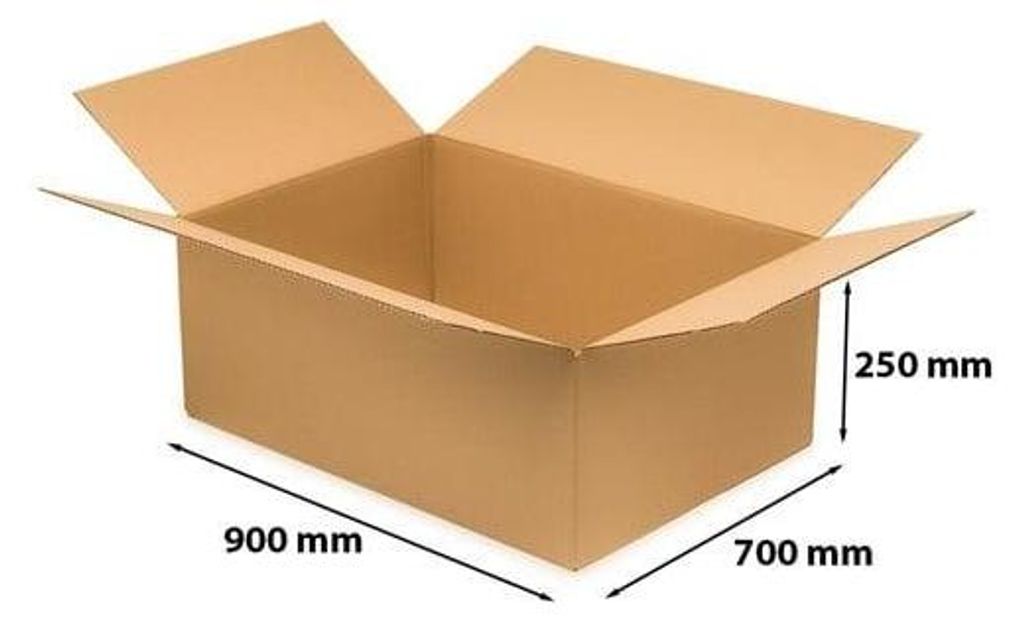 An open cardboard box with dimensions indicated.