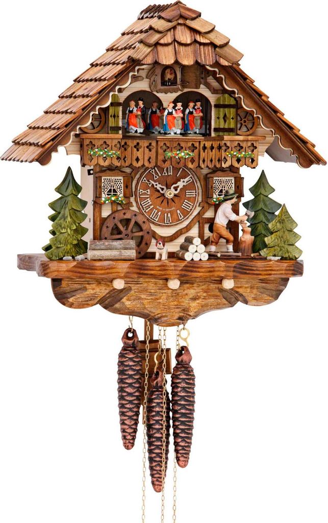 Cuco Clock Kuckucksuhr Schwarzwalduhr "Holzhacker, Hund und Mühle" 20 x 32 x 34cm Wanduhr Holz, 1 - Tage Werk, manuelle Nachtabschaltung