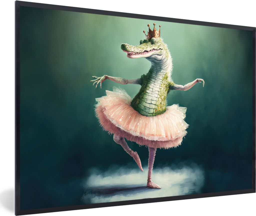 MuchoWow Gerahmtes Poster Krokodil - Krone - Gold - Ballett - Porträt 60x40 cm - Poster mit Schwarzem Bilderrahmen Wandposter Rahmen Foto Bilder...