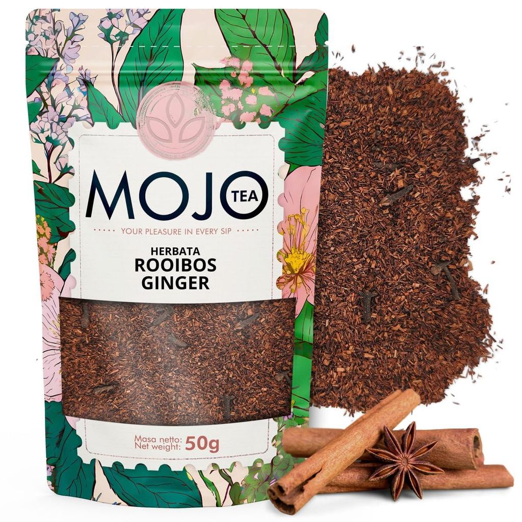 Mojo Tea Rooibos Tee mit Ingwer 50g – Aromatisierter loser Kräutertee, koffeinfrei & wärmend – Süß-würziger Rotbuschtee mit natürlichem A...