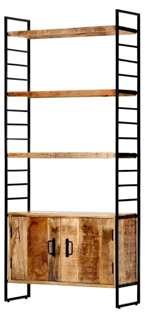 Bücherregal aus rauem Mangoholz mit 4 Ebenen, 2 Türen und 3 Fachböden, Standregal 80x30x180cm