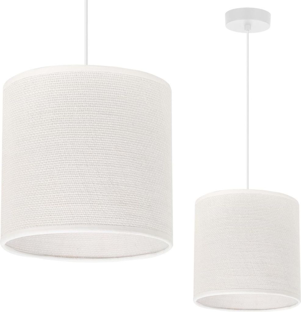 Two views of a white cylindrical pendant lamp with a textured fabric shade.