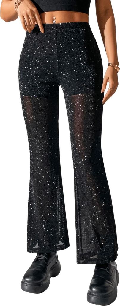 GORGLITTER Damen Partyhose Glänzend Transparent Schwarz L