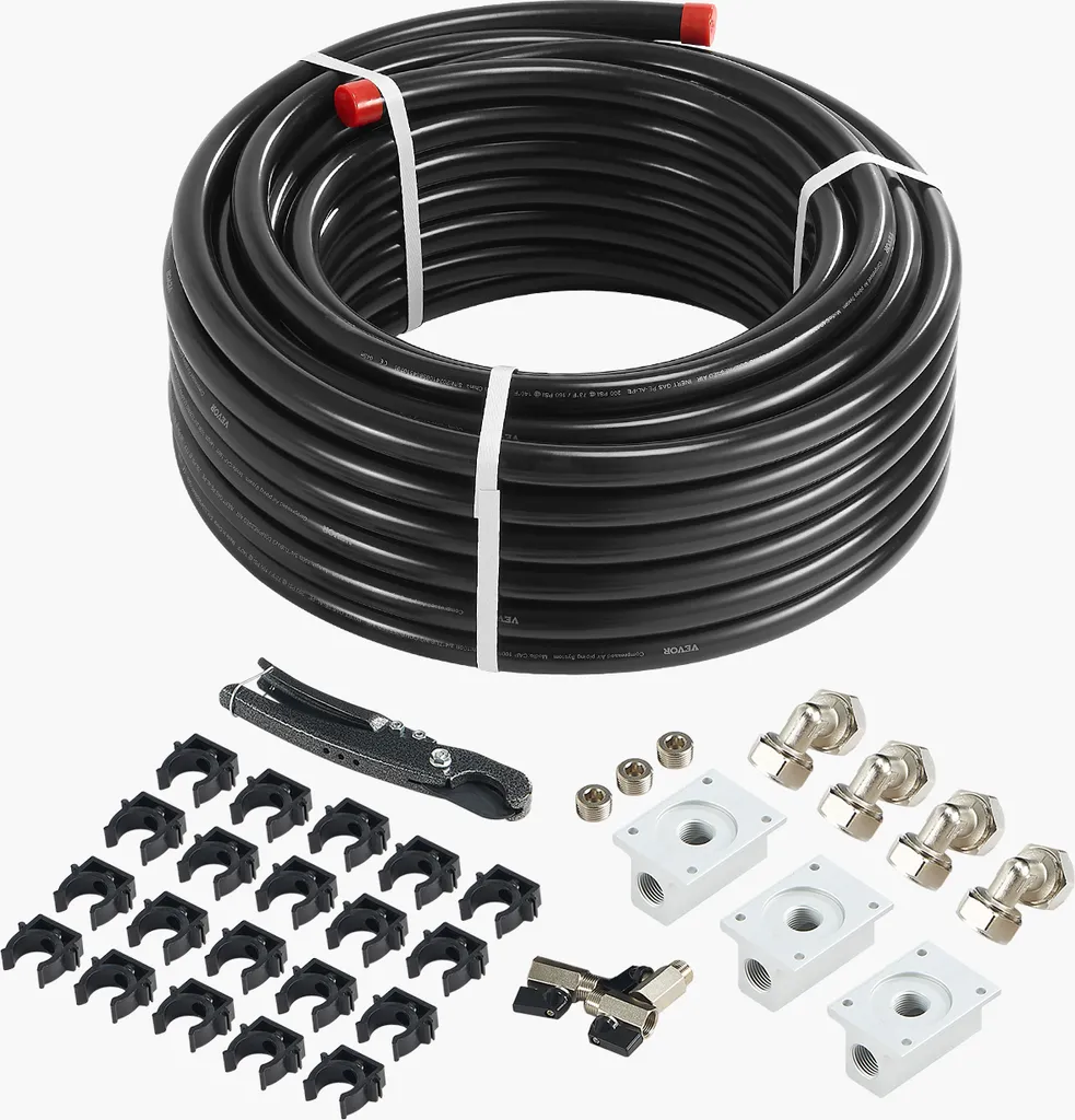 Set di linee per compressori d'aria VEVOR, tubo flessibile per aria compressa da 30,48 m x 19,05 mm, sistema di condotte per aria compressa in alluminio HDPE, nero