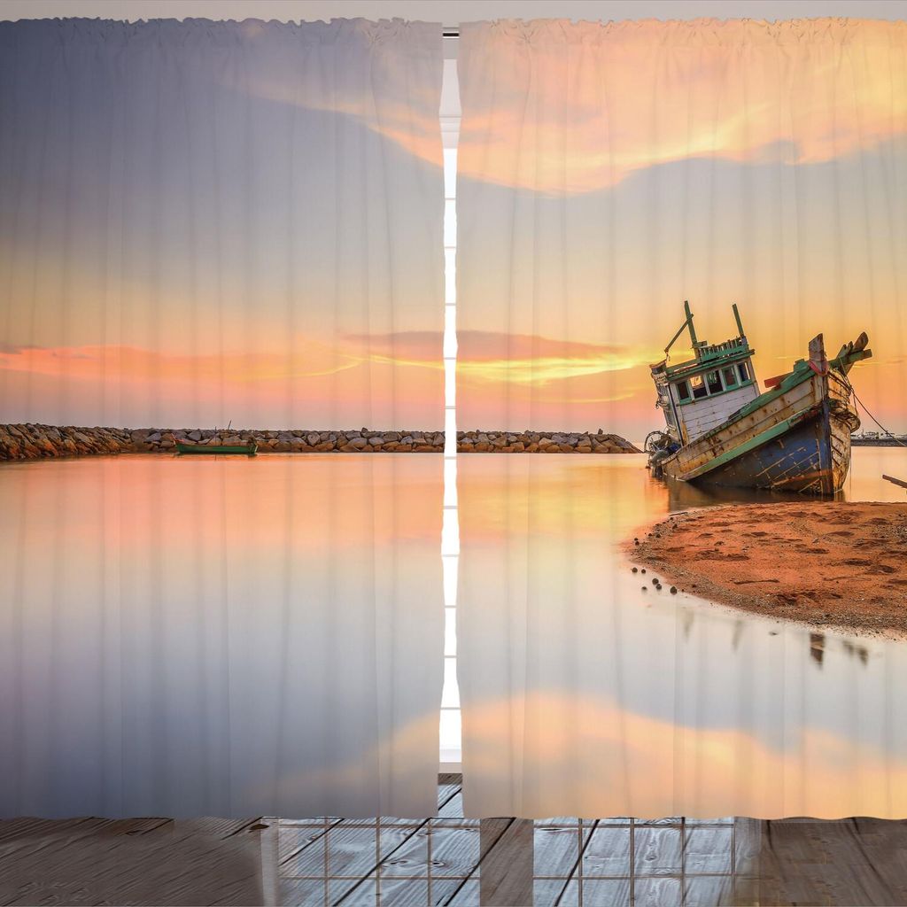 ARANDE Nautisch Gardine, Vessel Langzeitbelichtung Dramatischen Foto Einsamkeit Einsam Twilight Thema, 280 x 175 cm, Blau