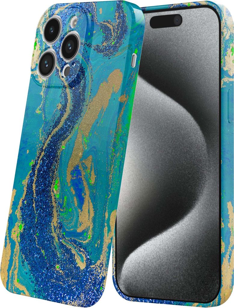 Smartphonica Handytasche geeignet für iPhone 15 Pro mit Blau Grün Gold Marmor Print - Flexible Softcase TPU - Backcover Case Blau Grün Gold Marm...