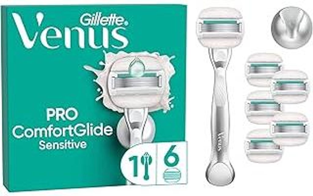 Gillette Venus Pro ComfortGlide Sensitive Damenrasierer — Nassrasierer mit einem Hauch von Aloe Vera, Inkl. 6 Ersatzklingen, Langlebiges Metallha...