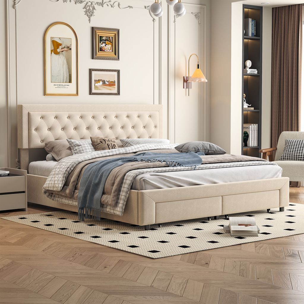 ProximaX Beige-Samt-Polsterbett mit Maßen 180x200cm, Produktbild 