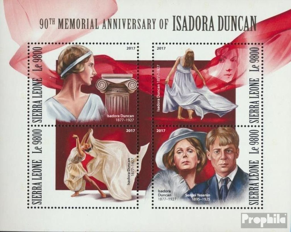 Briefmarken Sierra Leone 2017 Mi 9065-9068 Kleinbogen (kompl. Ausg.) postfrisch Isadora Duncan