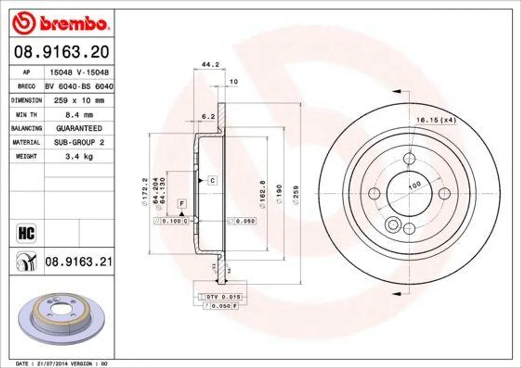 Disque de Frein Brembo 08.9163.21 Anti-Vibration pour Mini R50 à R53