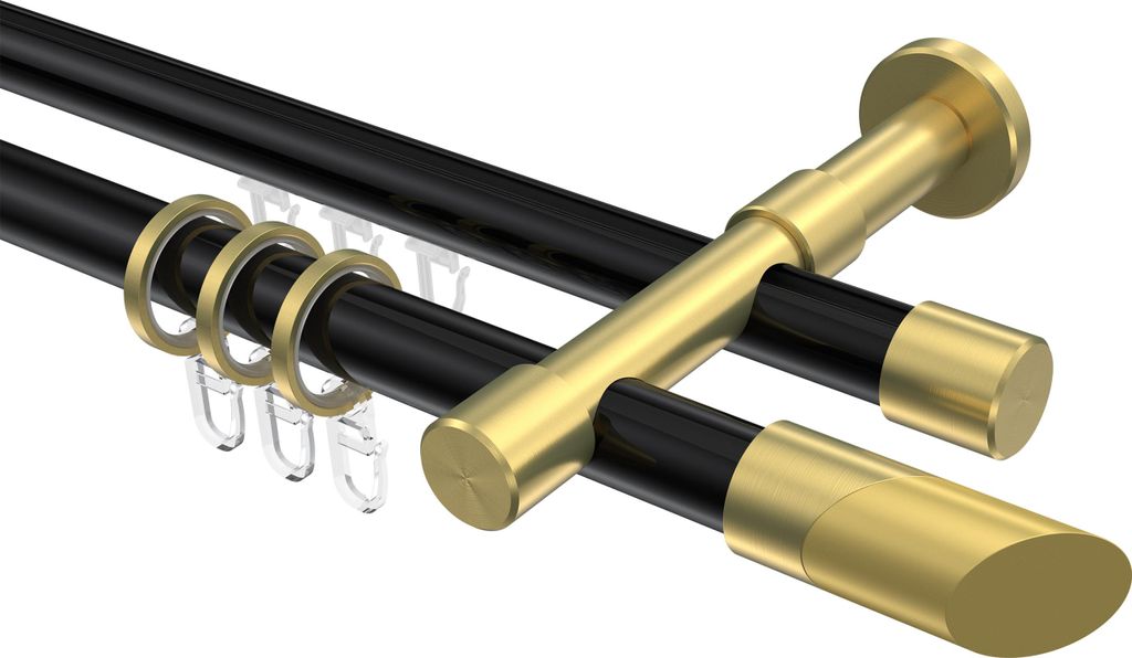 Interdeco Rundrohr-Innenlaufstange / Gardinenstange (Kombination) Schwarz / Messing-Optik, Typ Prestige Verano (Schräge), 20 mm Ø 2-läufig, 320 cm
