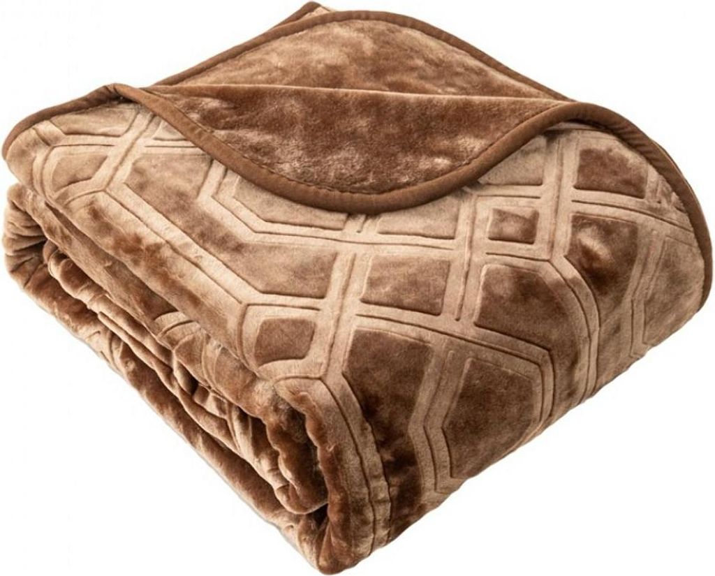 A folded brown blanket with a geometric pattern.