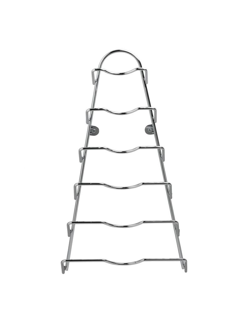 A silver metal pot lid organizer is shown against a white background.