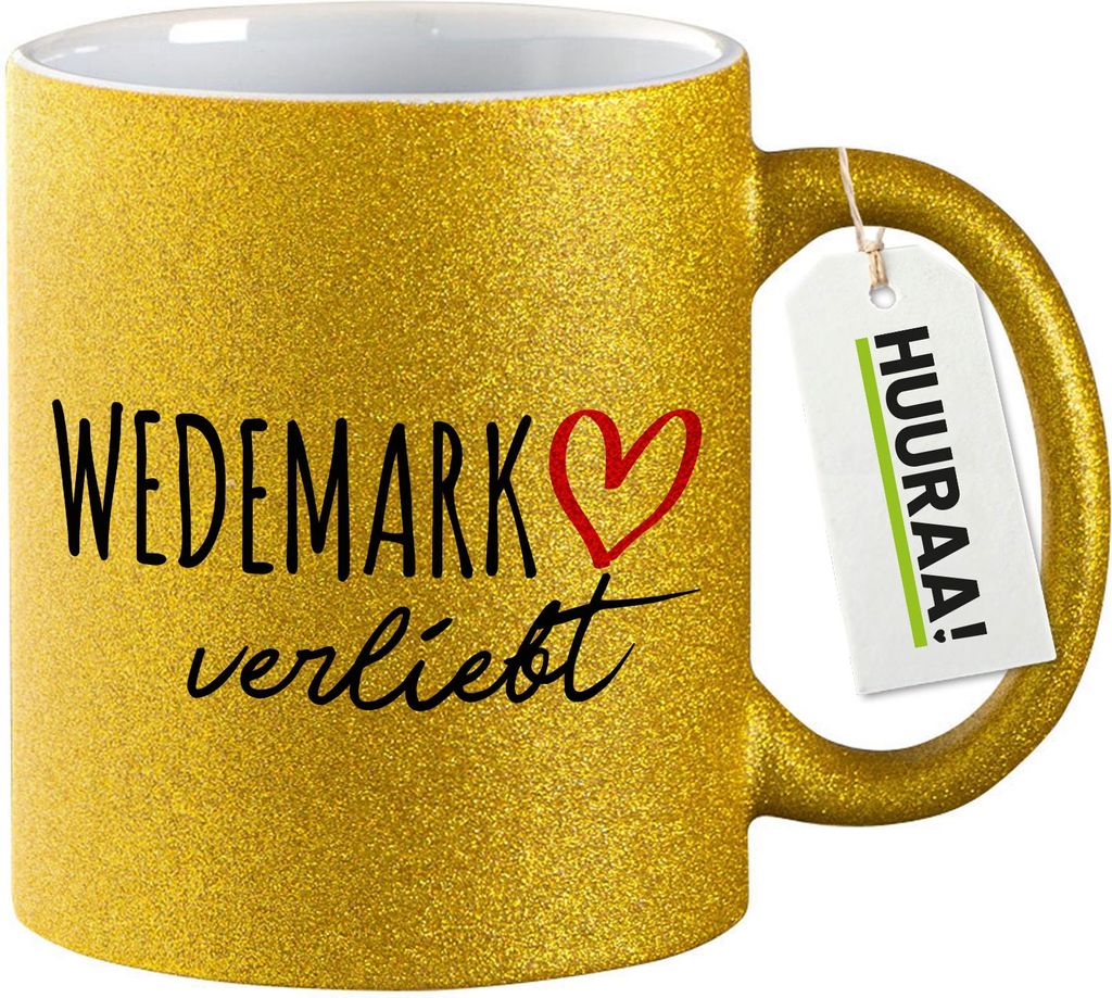 Huuraa Glitzertasse Wedemark verliebt 330ml Gold Keramik Kaffeebecher Geschenkidee