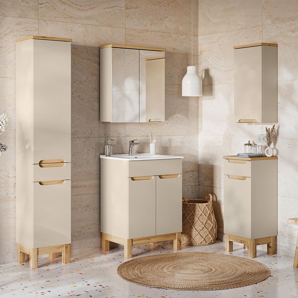 Badmöbel-Set 5-teilig mit 60 cm Waschtisch & Spiegelschrank in kaschmir und Eiche, modern grifflos - SOLNA-56-CASHMERE