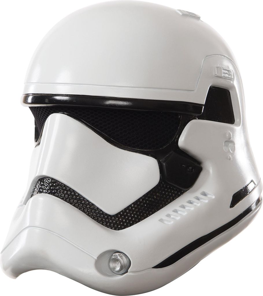 A close-up, studio shot of a white Stormtrooper helmet.