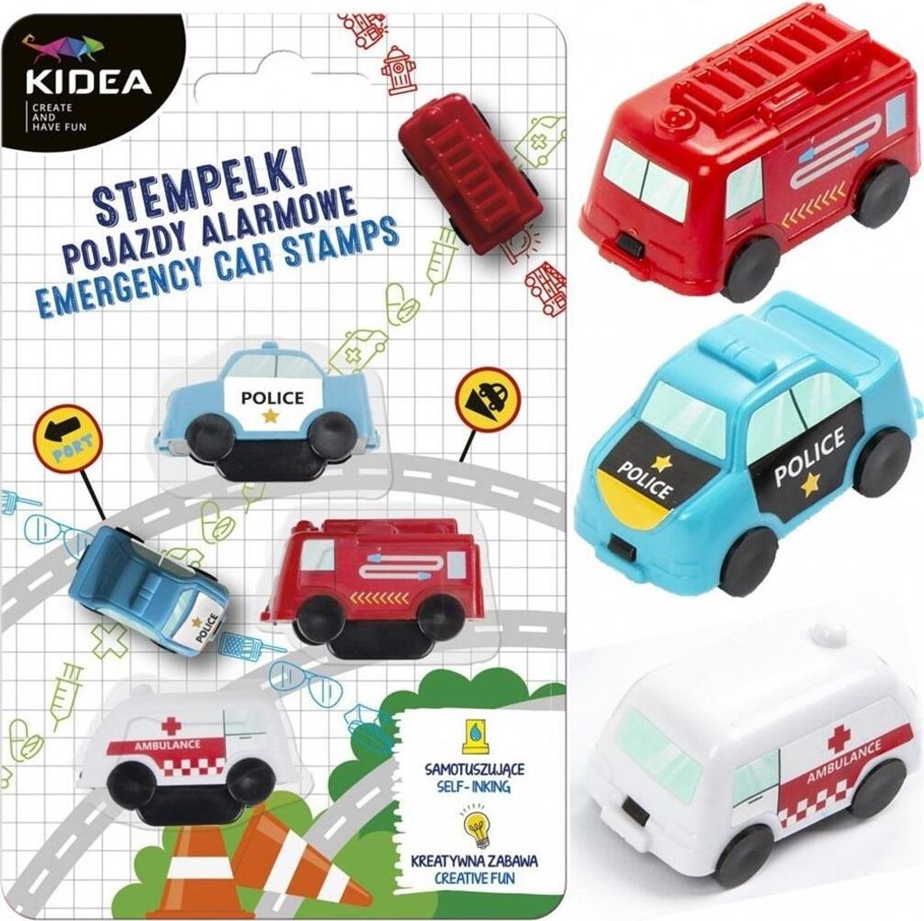 A product package containing several toy emergency vehicle stamps, with individual stamps shown in the foreground and on the packaging.