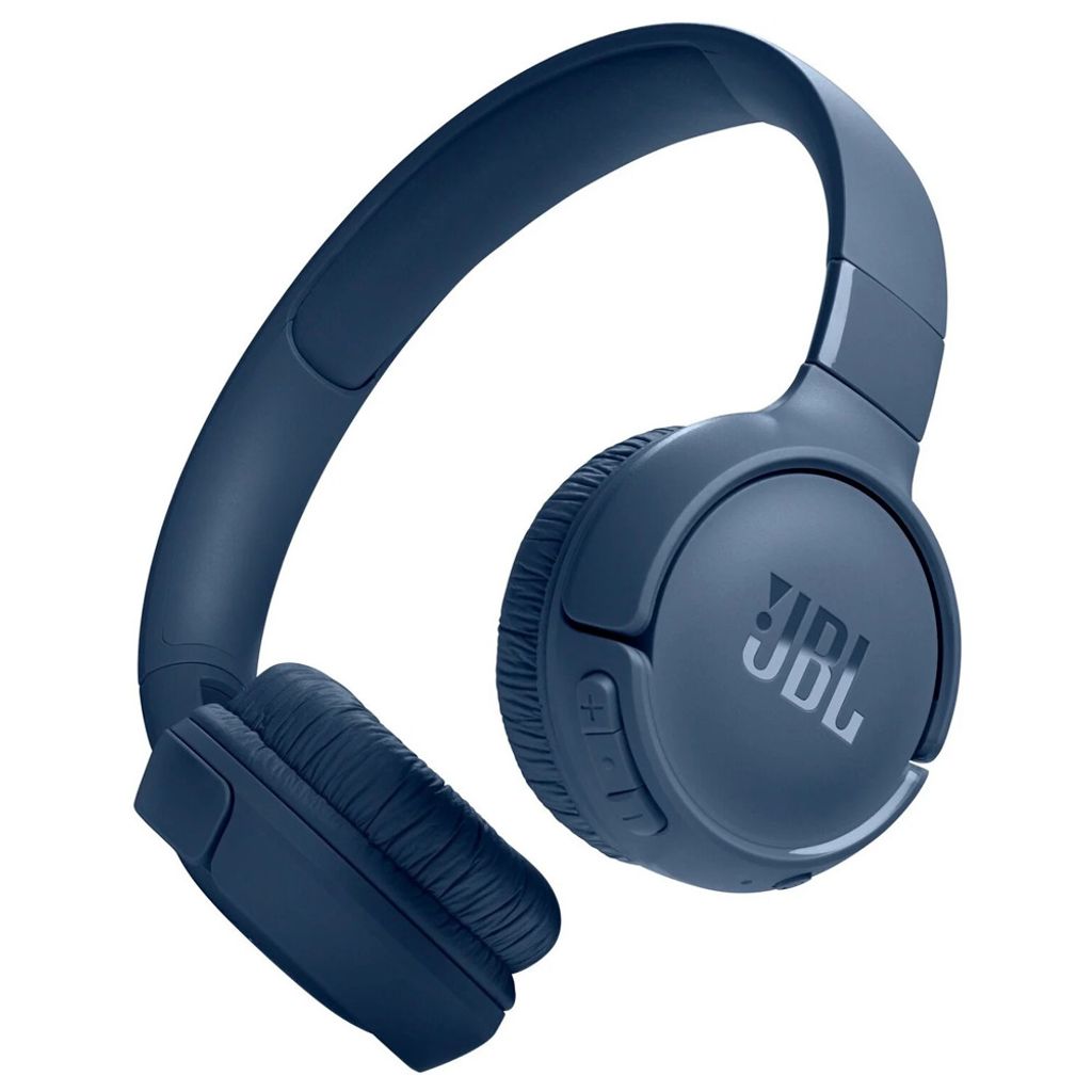 A pair of blue JBL headphones is shown against a white background.