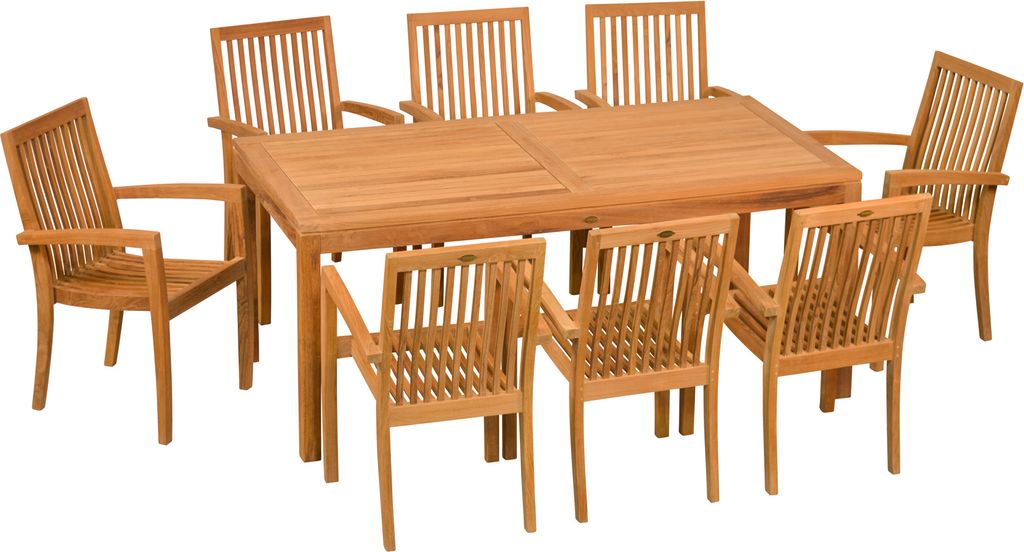 Teak Sitzgruppe aus 8 Stapelstühlen und 1 Tisch 180 x 90 cm Set aus Teakholz Gartenmöbel mit Stühlen zum Stapeln