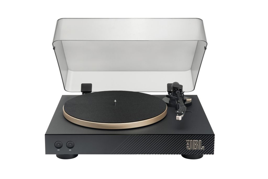 A black turntable with a gold trim and a clear dust cover, presented on a white background.