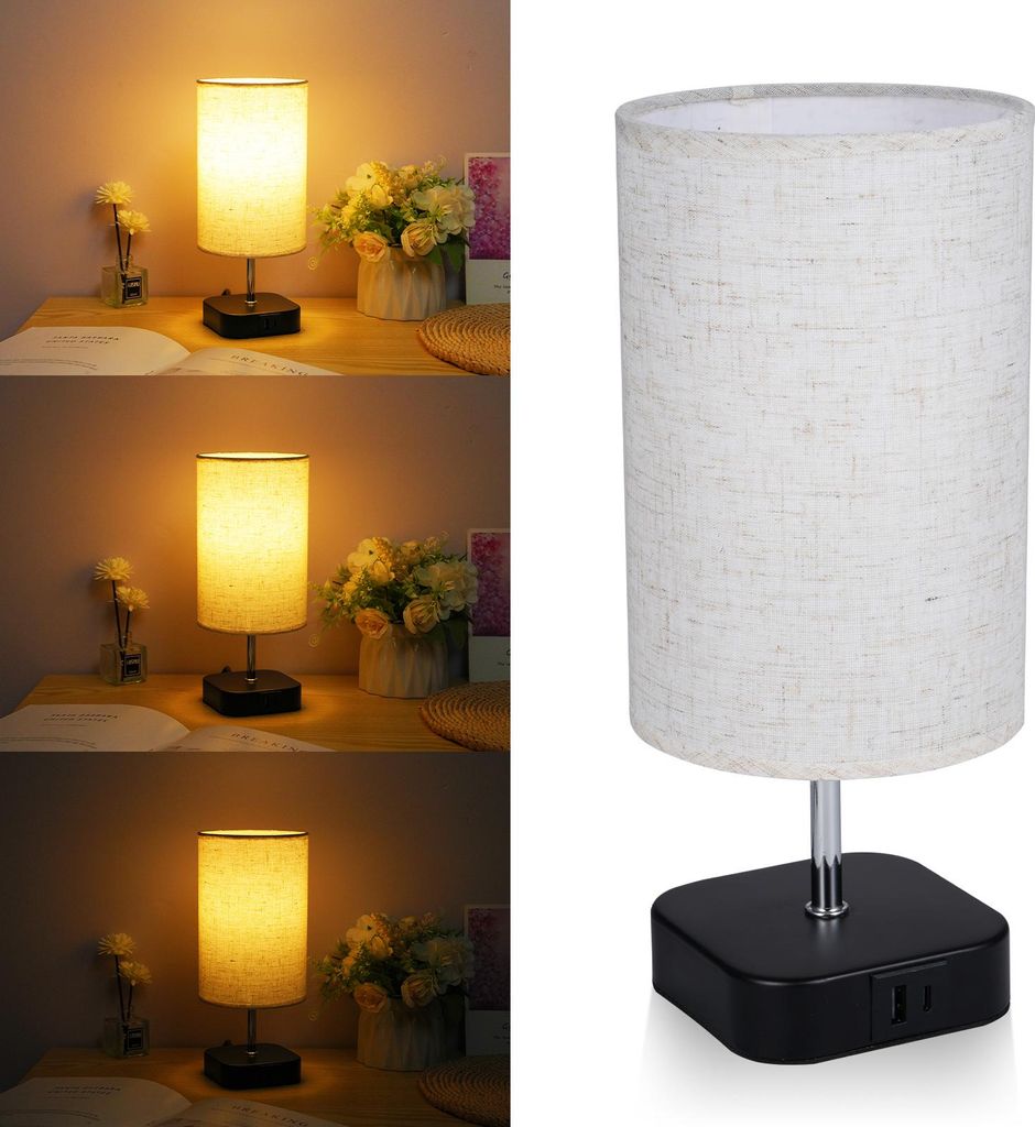 Touch Control Tischlampe Nachttischlampe mit 4W LED Glühbirne Warmweißes Licht 3-stufig dimmbar Moderne Tischlampe USB A+C Ports für Schlafzimme...