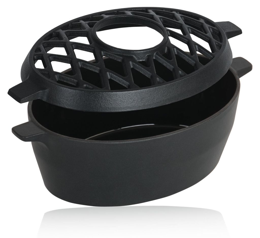 A black cast iron humidifier for a BBQ or oven.