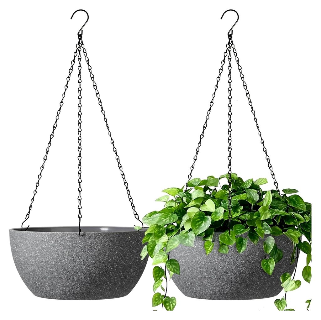 Hängender Blumentopf aus Kunststoff im 2er Set, Φ30CM, graue Hängeampel für Pflanzen, Outdoor mit Haken, runde Form, Zimmerdekoration, hängend...