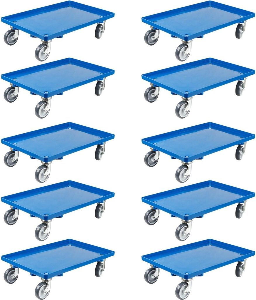 SparSet 10x Transportroller für Euroboxen 60x40cm mit Gummiräder blau | Geschlossenes Deck | 4 Lenkrollen | Traglast 300kg | Kistenroller Logisti...