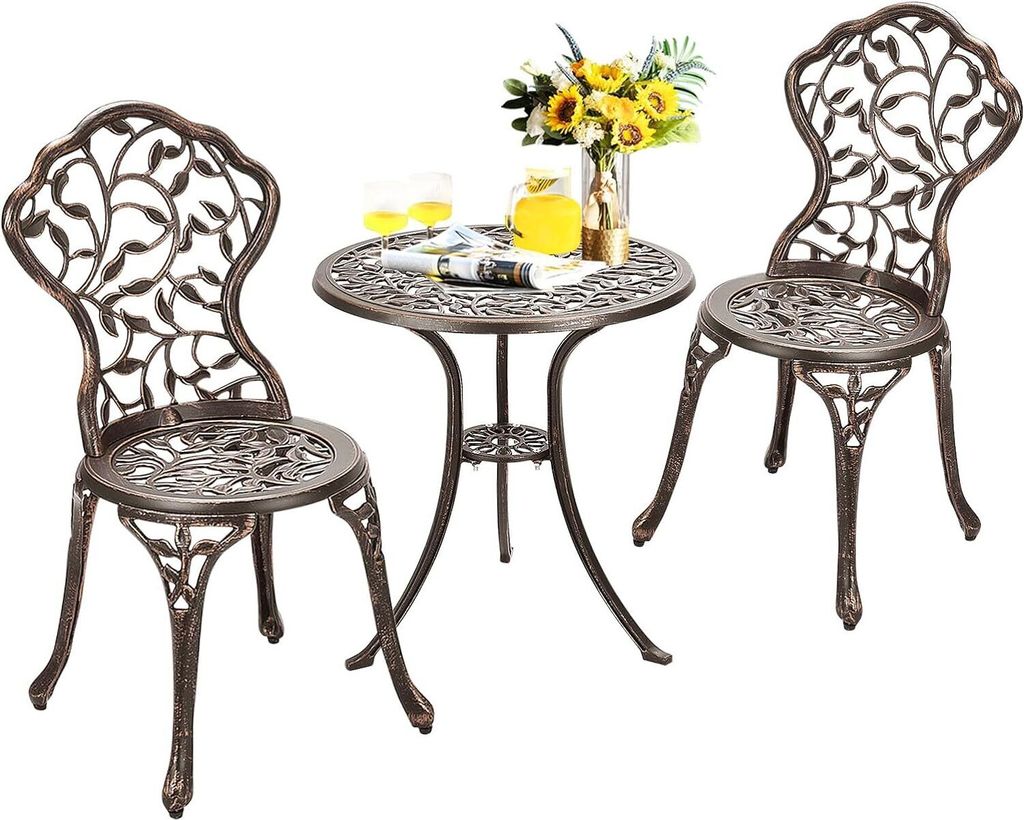 KOMFOTTEU 3 TLG. Bistro Set aus Aluminiumguss, Gartenmöbel Set mit 2 Gartenstühle & Gartentisch, Sitzgarnitur mit Blattmuster, Balkon Möbel Set