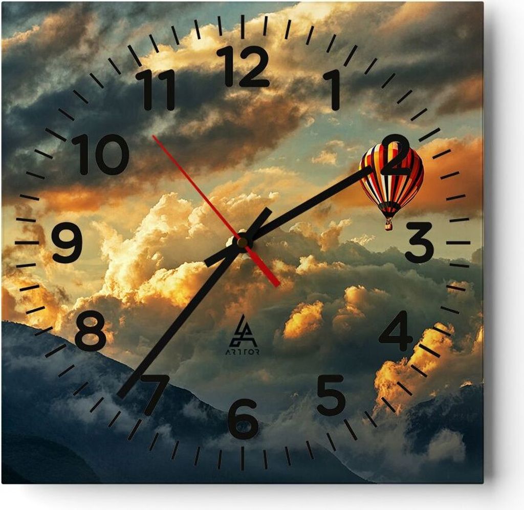 Wanduhr - Quadrat - Glasuhr - Wolken Ballon Flug - 40x40cm - Schleichendes Uhrwerk - Lautlos - zum Aufhängen bereit - Dekoration Modern - Wanddeko...