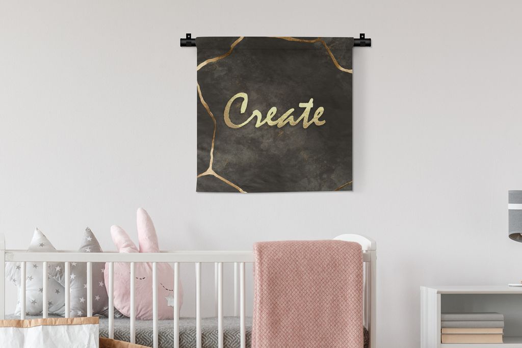 MuchoWow Wandteppich Wandbehang Zitat - Kreativ - Gold - Schwarz 60x60 cm Tapisserie Dekoration Wandtuch - Dekorationen - Wand Decke